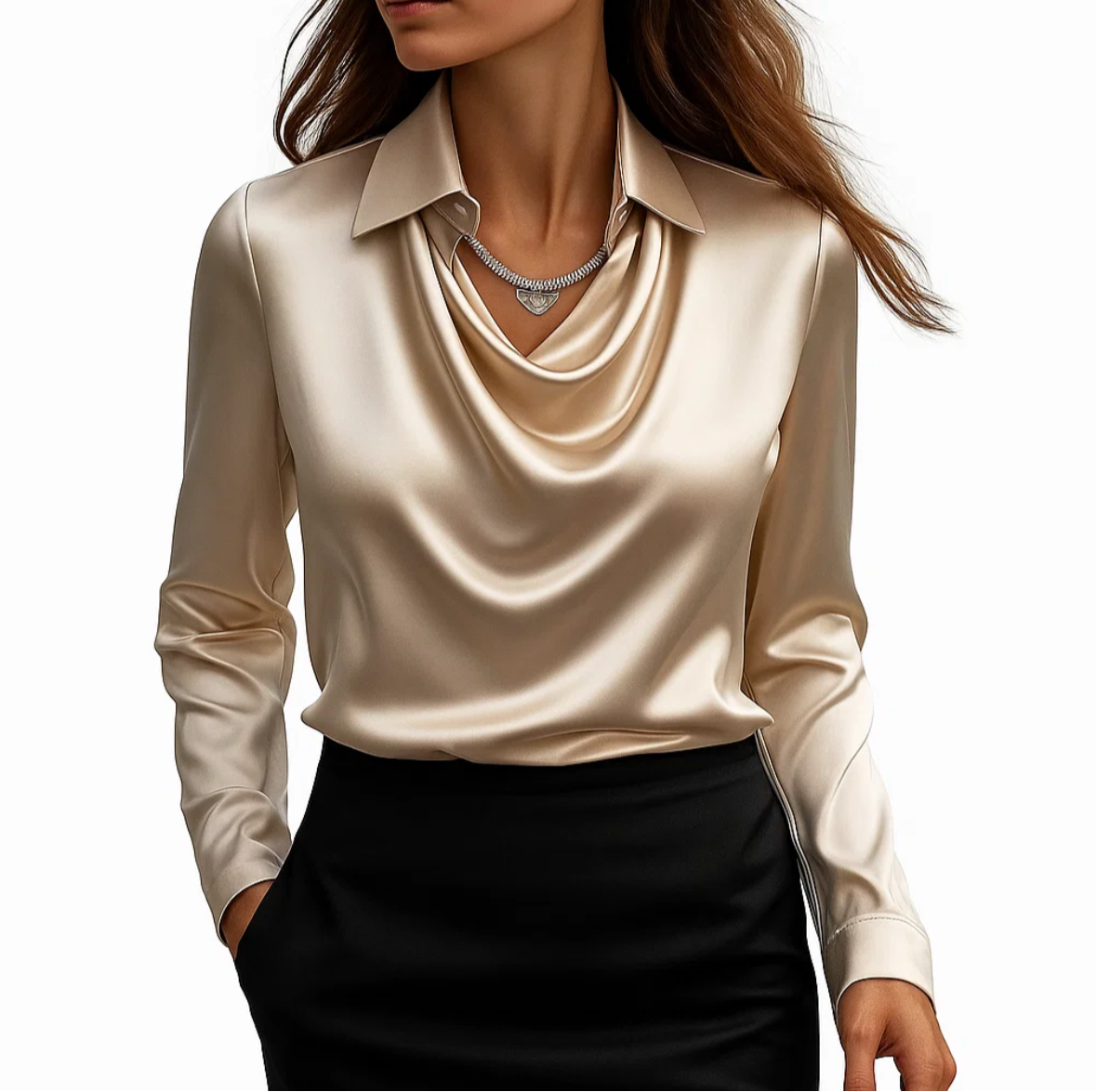 Compra 1 Blusa Elegante de Satén con Falda Drapeada y llévate 1 Par de Aretes Exclusivos BlomLane™