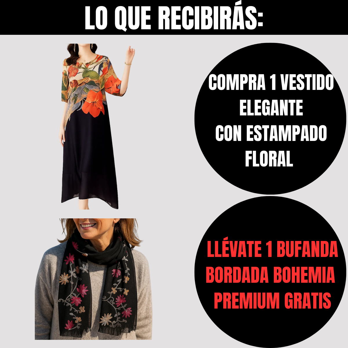 Compra Vestido Elegante con Estampado Floral y llévate 1 bufanda bordada bohemia exclusiva de BlomLane