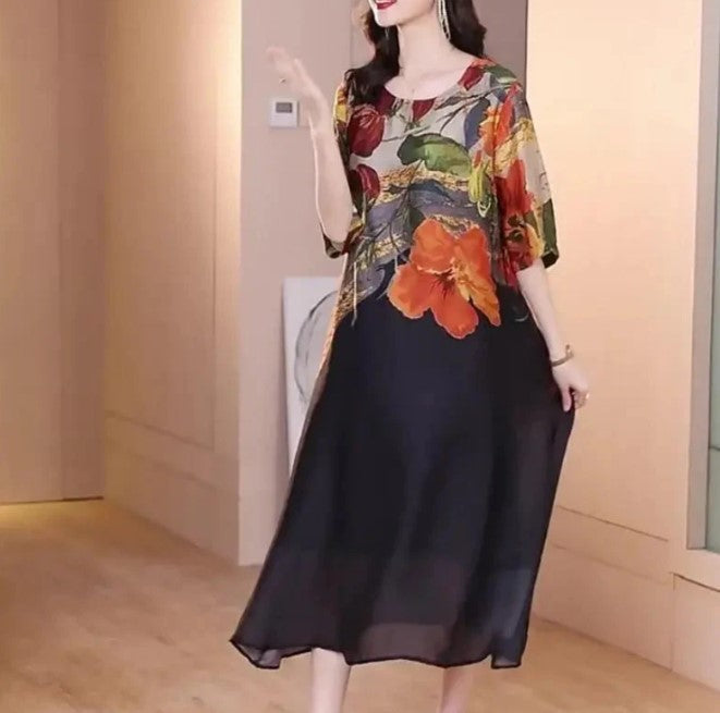 Compra Vestido Elegante con Estampado Floral y llévate 1 bufanda bordada bohemia exclusiva de BlomLane