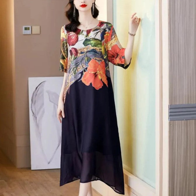 Compra Vestido Elegante con Estampado Floral y llévate 1 bufanda bordada bohemia exclusiva de BlomLane