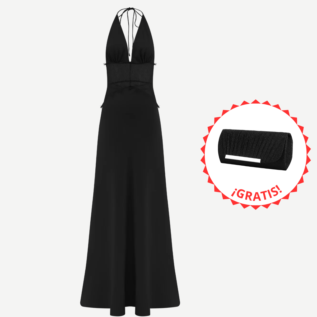 Compra 1 Vestido Largo de Encaje y Satén y gana 1 bolso de mano exclusivo BlomLane™ negro